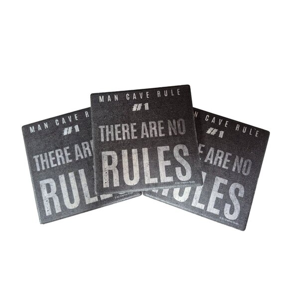 Man Cave Rule #1 Coaster Set Stone "There Are No Rules" Text Print Black & White - Picture 2 of 2